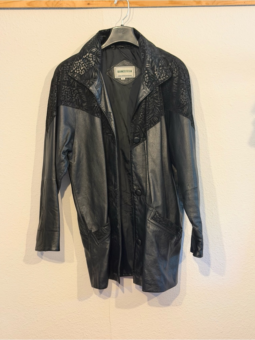 Black Leather Long Jacket with Embossed Yoke -